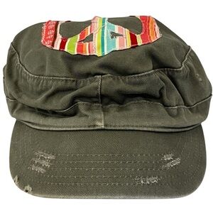 Women's Olive Green Adjustable Newsboy Cap with Colorful Peace Sign Patch